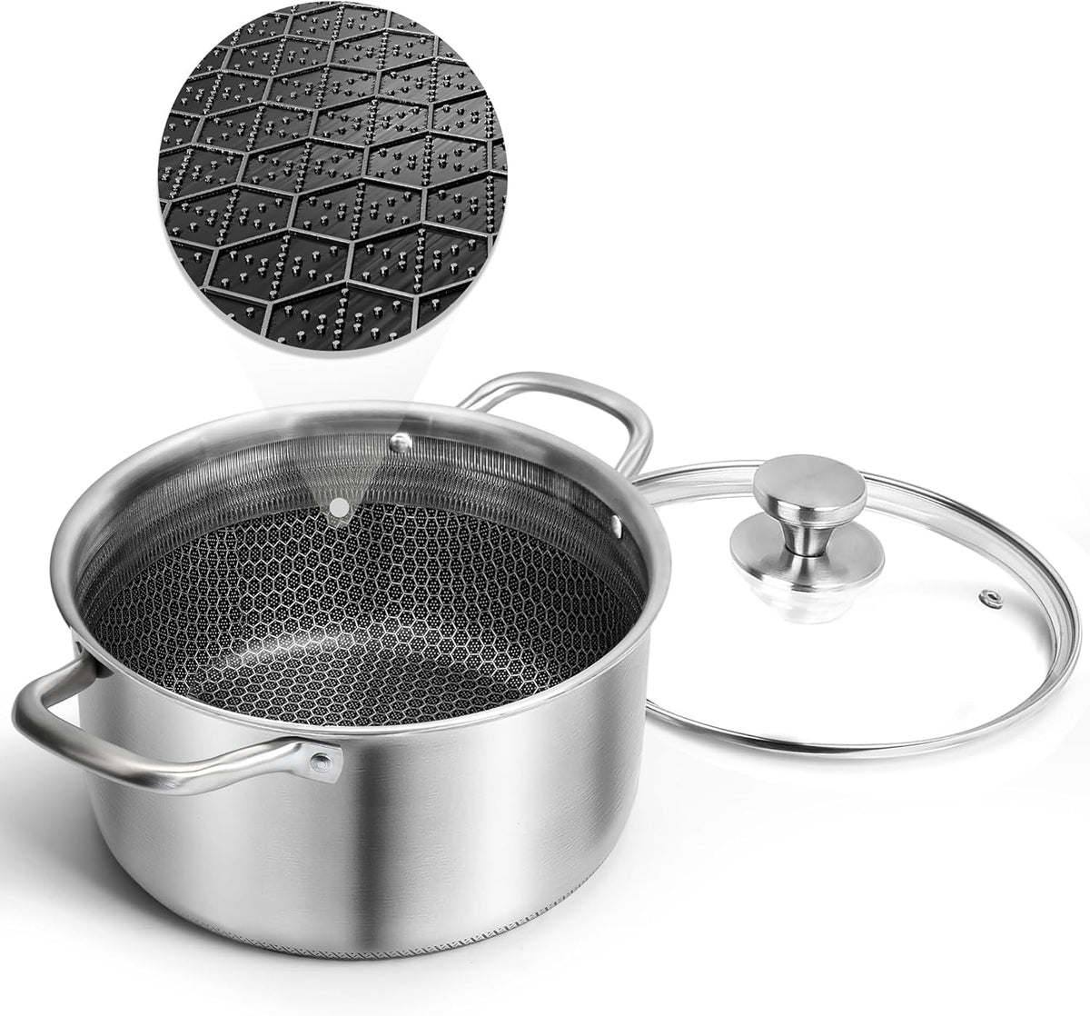 AuFranc™ Hybrid Nonstick 6 Quart Stainless Steel Stockpot with Glass Lid, Induction Stock Pot with Honeycomb Carving, Non-stick Soup Pot Compatible with All Cooktops, Non-Toxic, Dishwasher & Oven Safe