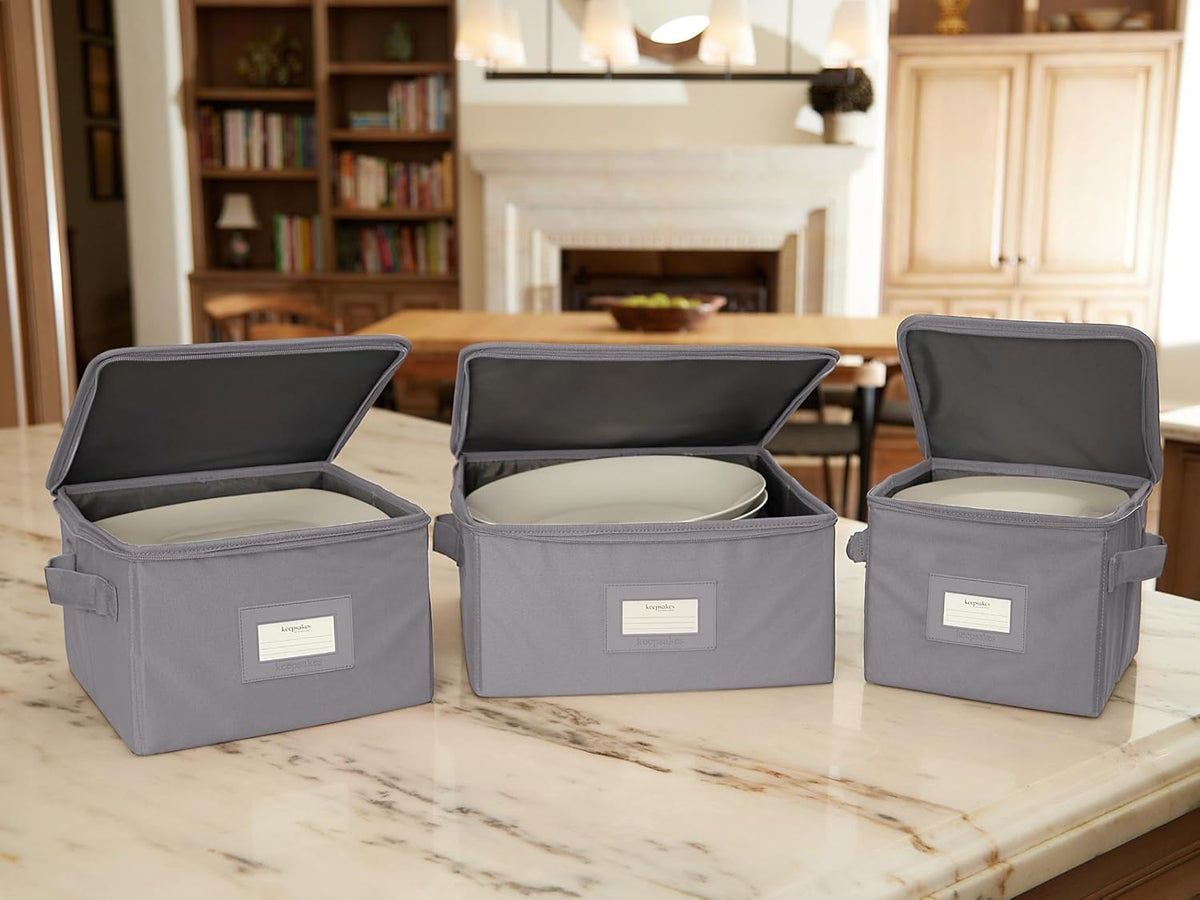 Covermates Keepsakes Dish Storage Box - Stackable, Reinforced Handles, China Storage, Graphite