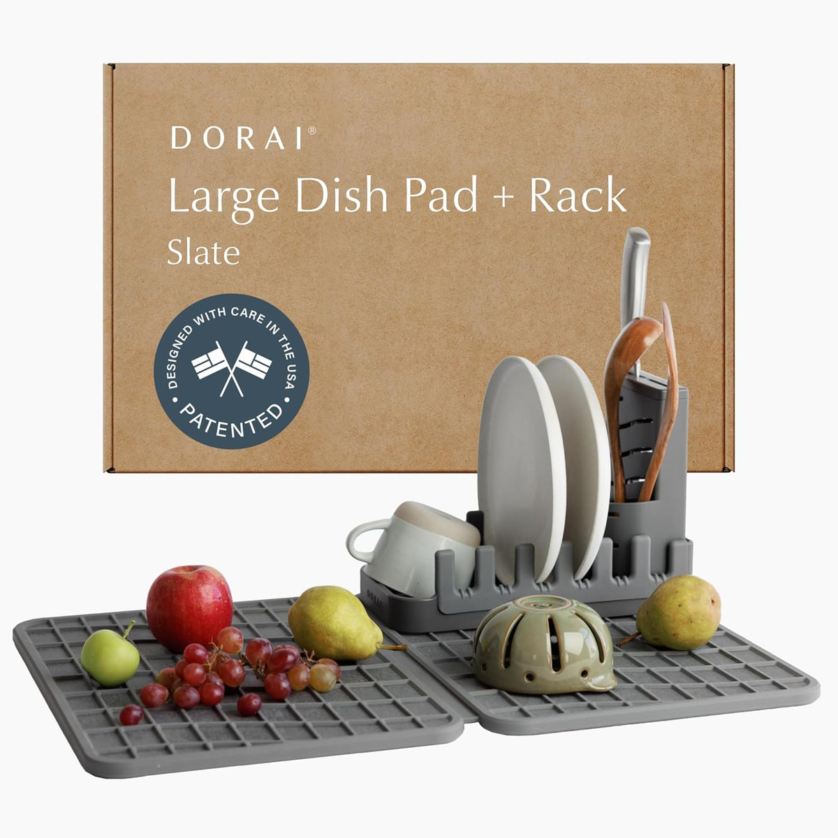 Dorai Home Collapsible Dish Drying Rack and Stone Dish Pad – Large Foldable Drying Rack with Instant - Dry Stone Mat –Space-Saving Drainer Rack for Kitchen Counter - 24.6" x 16.5", Slate