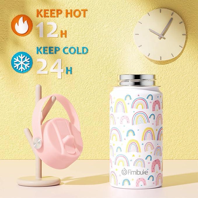 Fimibuke Kids Insulated Water Bottle, 14oz BPA FREE 18/8 Stainless Steel Travel Tumbler Double Wall Vacuum Leak Proof Kids Cup with Straw Metal Water Bottle for School Boys Girls(1 Pack, Rainbow)