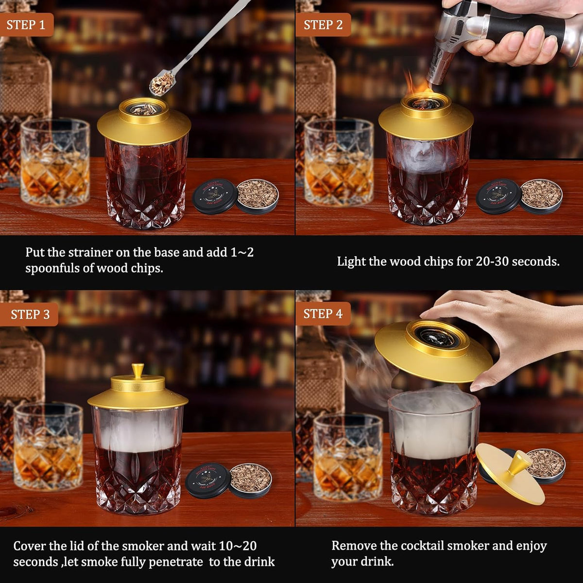 Cocktail Smoker Kit with Torch, 2 Pack Whiskey Smoker Kit Metal Old Fashioned Smoker kit, Birthday Bourbon Whiskey Gifts for Men Dad Husband, 4.7in Expansion Disk, 6 Flavors Wood Chips(No Butane)