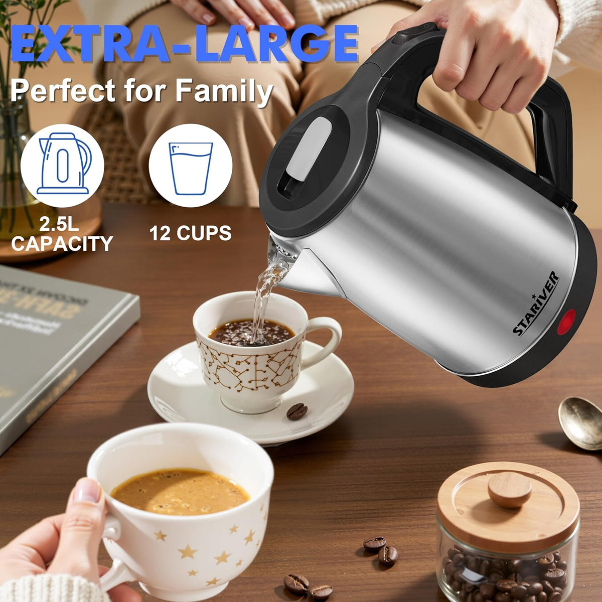 Stariver 2.5L Large Electric Kettle, BPA Free Stainless Steel Water Heater, Fast Boil Electric Tea Kettle, Water Boiler with Auto Shut-Off & Boil-Dry Protection for Family (10-12 Cups)