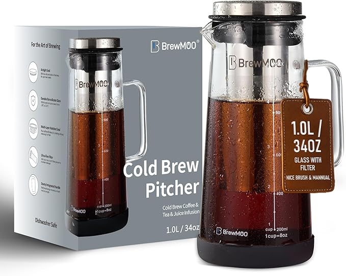 BrewMOO- Airtight Cold Brew Coffee Maker Pitcher, 1.0L/34Oz Thick Glass Carafe with Filter, Comfort Sturdy Handle & Wide Spout, Non-Slip Base | Iced Tea Maker (Black)