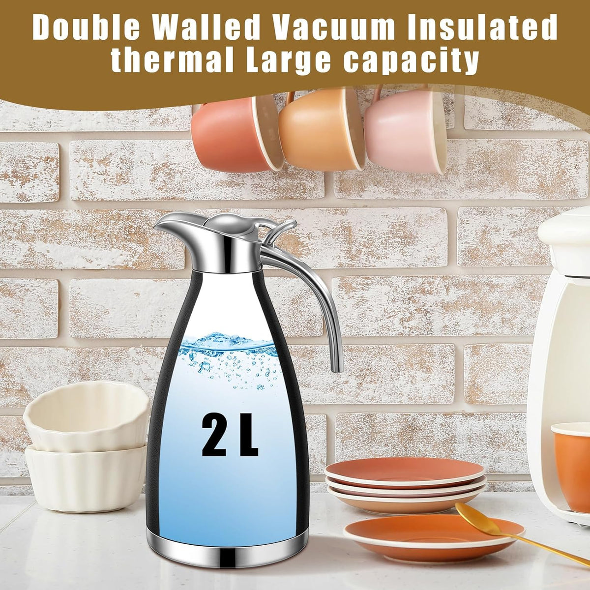 Uiifan 2 Pcs 68 oz Thermal Coffee Carafe Insulated Stainless Steel Coffee Carafe for Hot Liquids Vacuum Thermal Pot Creamer Dispenser with Brushes Keeping Hot Tea Milk Water(Black)