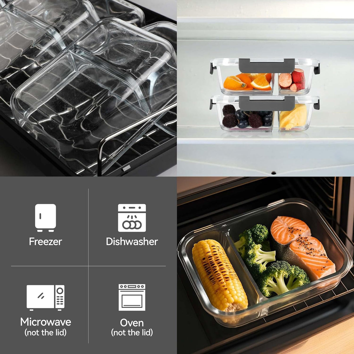 BAYZZ 5 Pack 35 Oz Glass Meal Prep Containers 2 Compartments, Glass Storage Containers with Lids, Airtight Lunch Bento Boxes, BPA-Free, Microwave and Freezer Safe