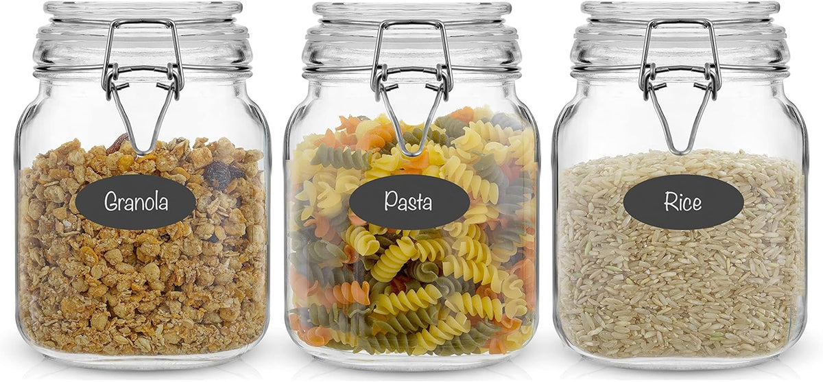 JoyJolt Airtight Glass Jars with Lids Set of 3. 32oz Glass Jar with Lid and 6 Silicone Seals! Med Glass Food Storage Containers. Square Mason Jar, Candy Jar, Sugar Jar, Pasta Containers for Pantry