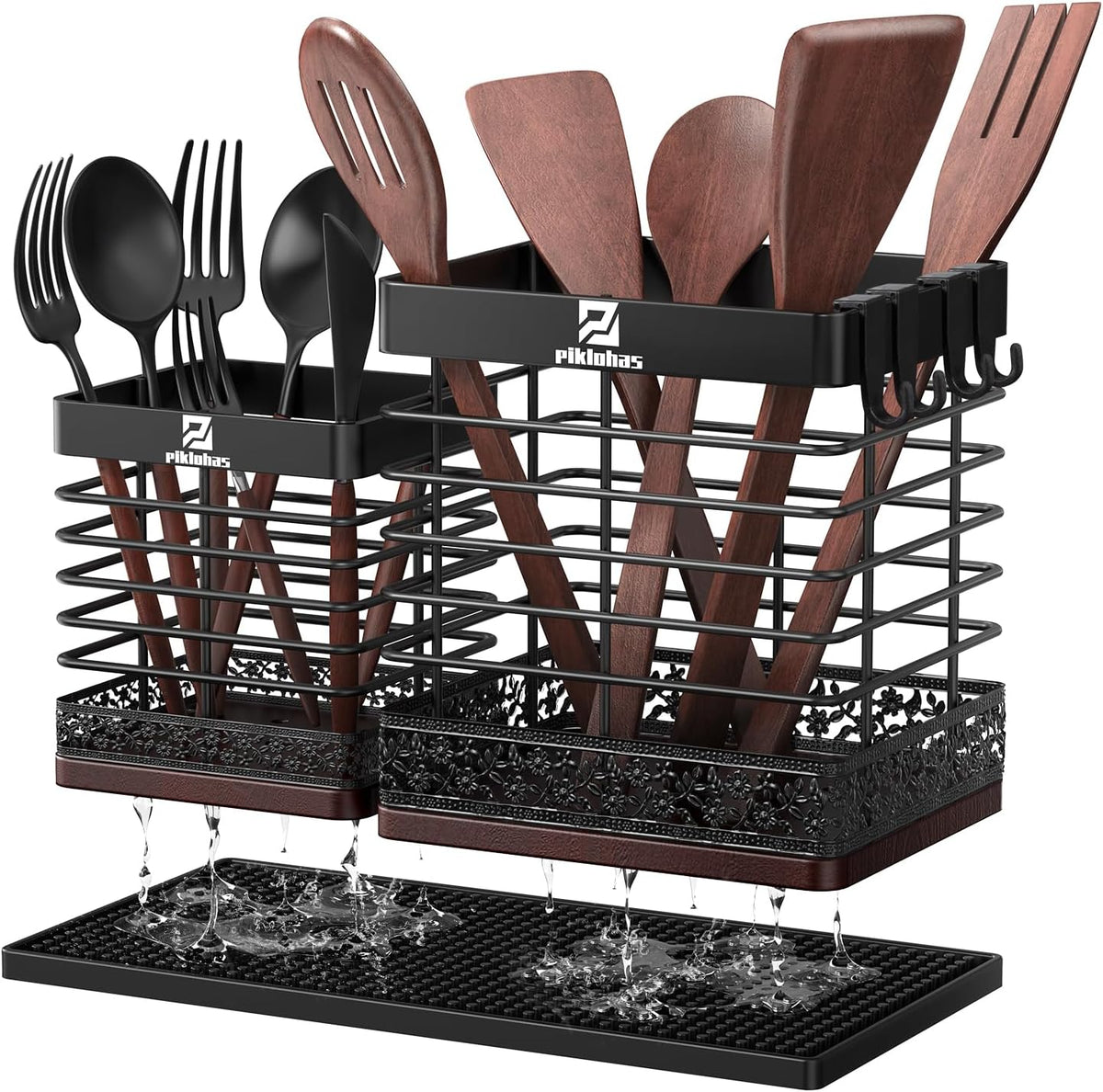 Extra Large Utensil Holder for Kitchen Counter, Matte Black Metal Cooking Utensil Caddy Organizer with Wooden Draining Base, Countertop Spatula Cutlery Storage with Silicone Dish Drying Mat