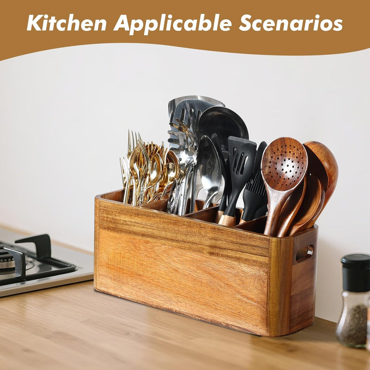 Kitchen Utensil Holder for Counter or Countertop, Extra Large Acacia Wood Organizer with 4 Compartments, Wooden Storage for Cooking and Silverware, Rustic Minimalist Decor, Sturdy Utensil Crock