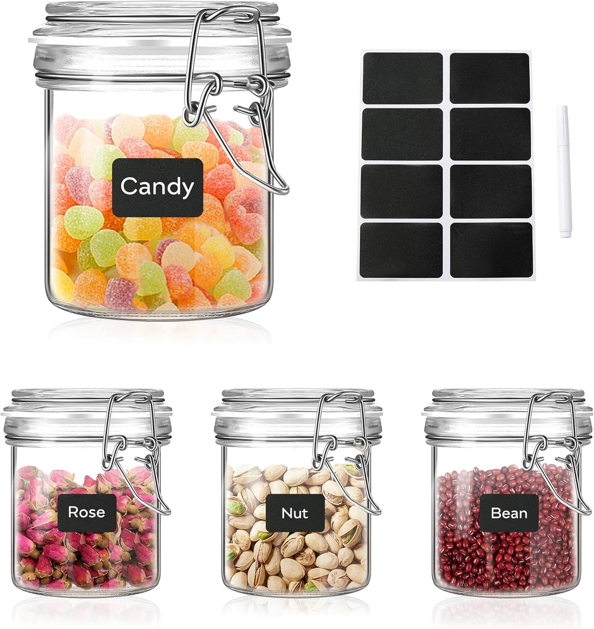 Glass Food Storage Jars with Airtight Lids 10 oz Cylinder 4 Pack Kitchen Storage Containers Small Cabinet Canisters Sealed Pot Canning for Pasta, Cereal, Coffee, Beans, Spice