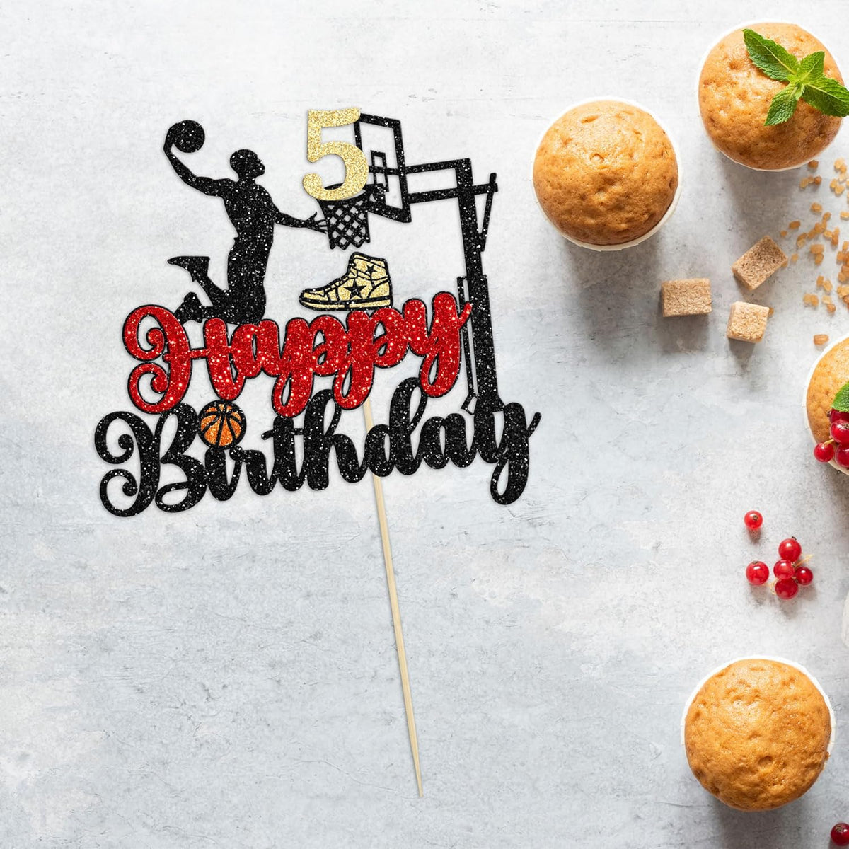 1Pc 5th Birthday Basketball Cake Topper Glitter Basketball Sports Theme Cake Pick for Baby Shower 5th Birthday Cake Decorations Party Supplies Black