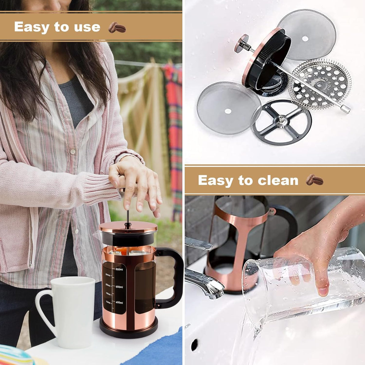 French Press Coffee Tea Maker， Upgrade Heat Cold Resistant Thickened Glass with 4 Level Stainless Steel Filtration System Brew Coffee & Tea， BPA Free, Large 1000ml 34oz,Rose Gold