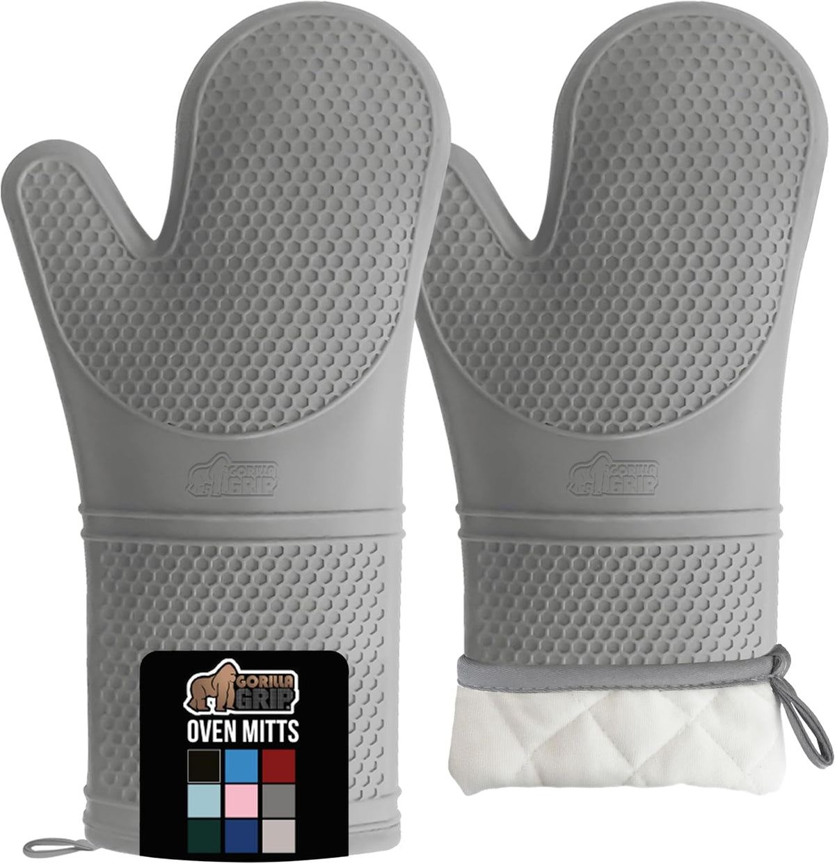 GORILLA GRIP BPA-Free Soft Silicone Oven Mitts, 14.5x8.3, Heat Resistant and Waterproof Cooking Gloves, Thick Cotton Lining, Flexible Gripping for Baking Grilling, Kitchen Potholders Set of 2, Gray