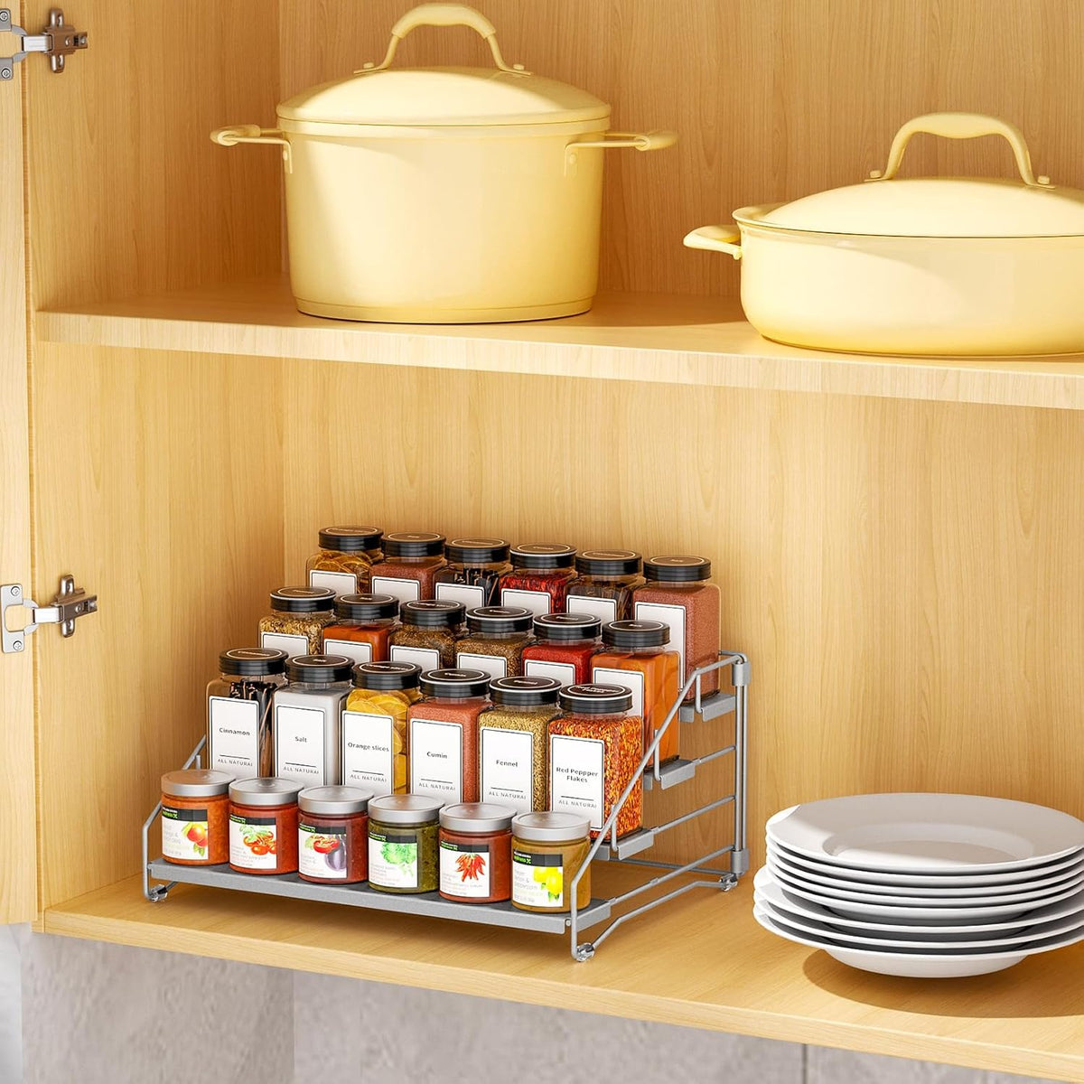 4 Tier Spice Rack for Cabinet, Spice Rack Organizer, Depth Adjustable Spice Organizer for Countertop, Cupboard, Pantry, Seasoning Shelf, Metal, Gray (1 Pack)