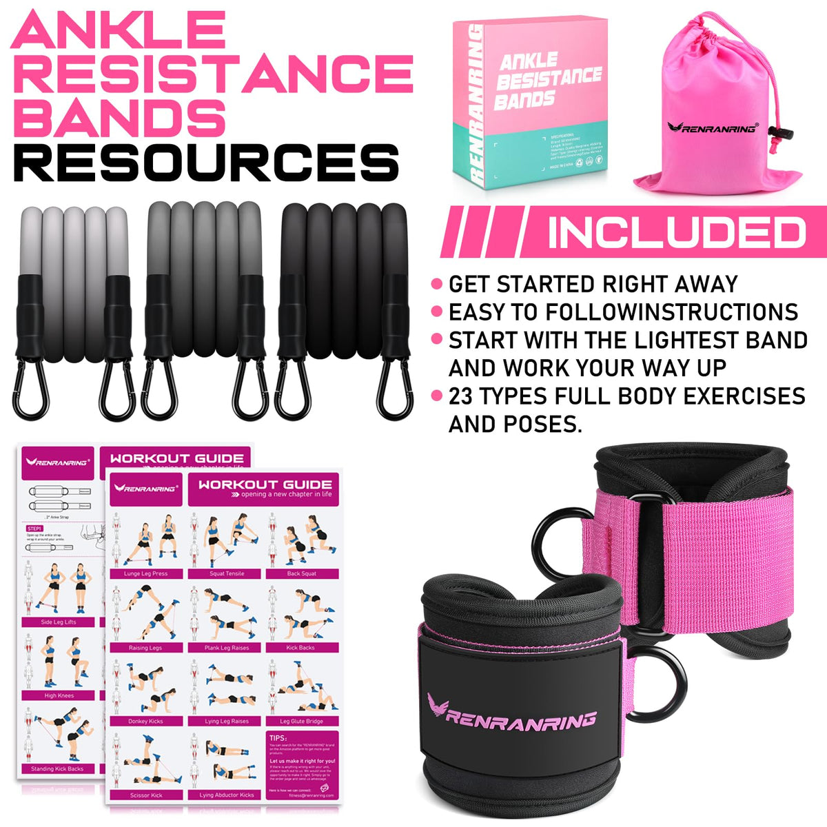 Ankle Resistance Bands w/Cuffs, Ankle Weights Women Booty Workout Equipment