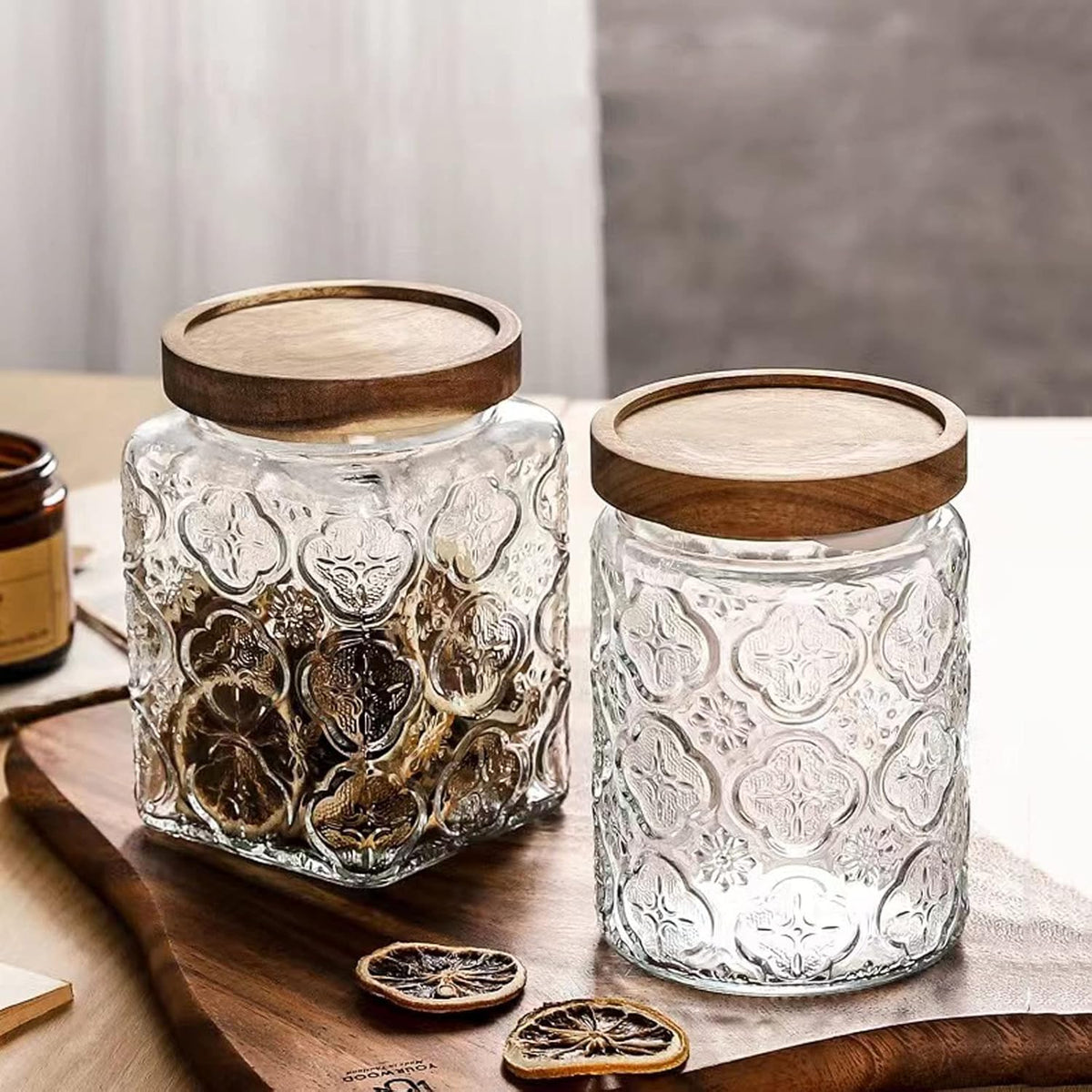 Snminetal Vintage Glass Airtight Storage Jar Set of 4, With Airtight Wood Lid, Kitchen Food Storage Containers,for Kitchen Counter, Pantry, Tea, Sugar,Coffee,Food Storage Jar(Plum pattern)