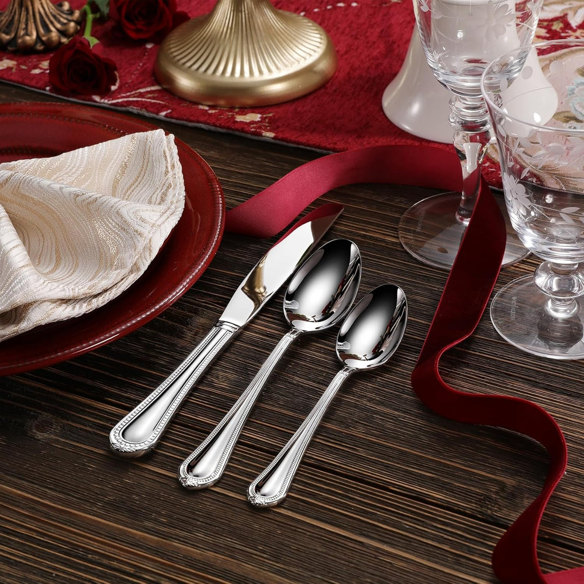 KEAWELL Pearl Edge Premium 20-Piece Refined Bead Silverware Set, 18/10 Stainless Steel, Service for 4, Fine Flatware Set, Dishwasher Safe (20, Silver)