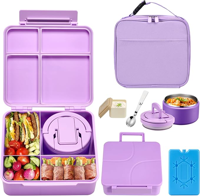 Bento Lunch Box with 8oz Soup Thermo,Kids Leakproof 4 Compartment Lunch Food Containers with Sauce Cup and Ice Pack,Kids Thermo Insulated Hot Food Jar and Lunch Bag for School,Trvael-Purple