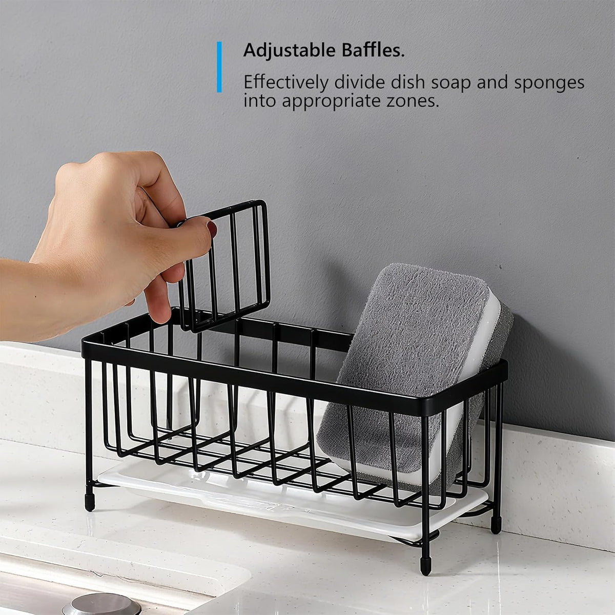 Kavciva Sink Caddy Sponge Holder,304 Stainless Steel Dish Brush Holder,Kitchen Countertop Sink Rack,Dish Soap Holder,Dishwashing Tool Drying Tray with Adjustable Partitions,Essential Kitchen Shelves