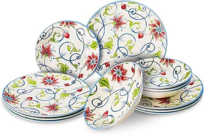 Tudor Royal 12-Piece Round Porcelain Dinnerware Set, Service for 4, Botanical Design, Summer Flowers, Plates Bowls Dishes, Glossy, Premium Quality Dish Set, Unique Pattern