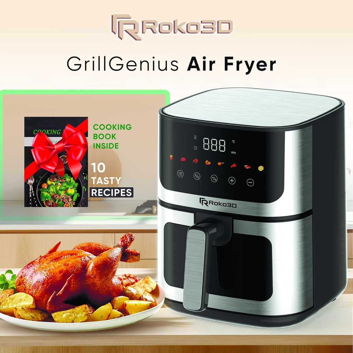 Stainless Steel Air Fryer ROKO 3D with Visible Window - 5Qt Capacity for 3-5 Persons | 18 in 1 - Fry, Bake, Toast, Broil, Reheat without Oil - 1400W, Dishwasher Safe, Luxury Black and Silver