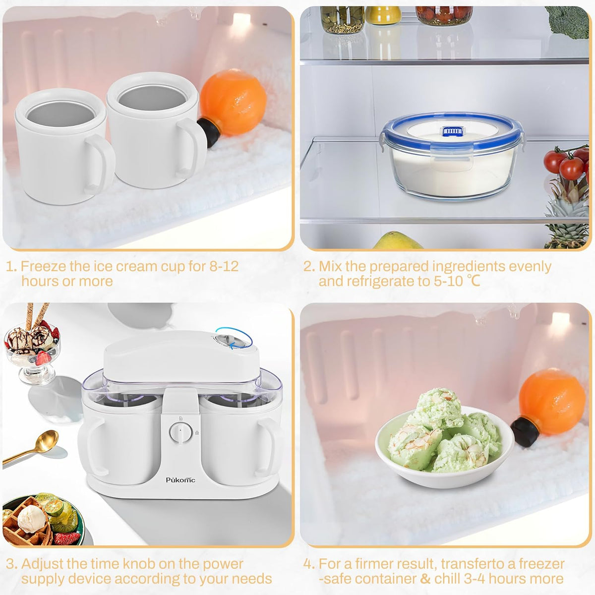 Pukomc Ice Cream Maker Machine for Home Use, with Two Ice Cream Bowls,Simple Operation and Easy to Clean,White