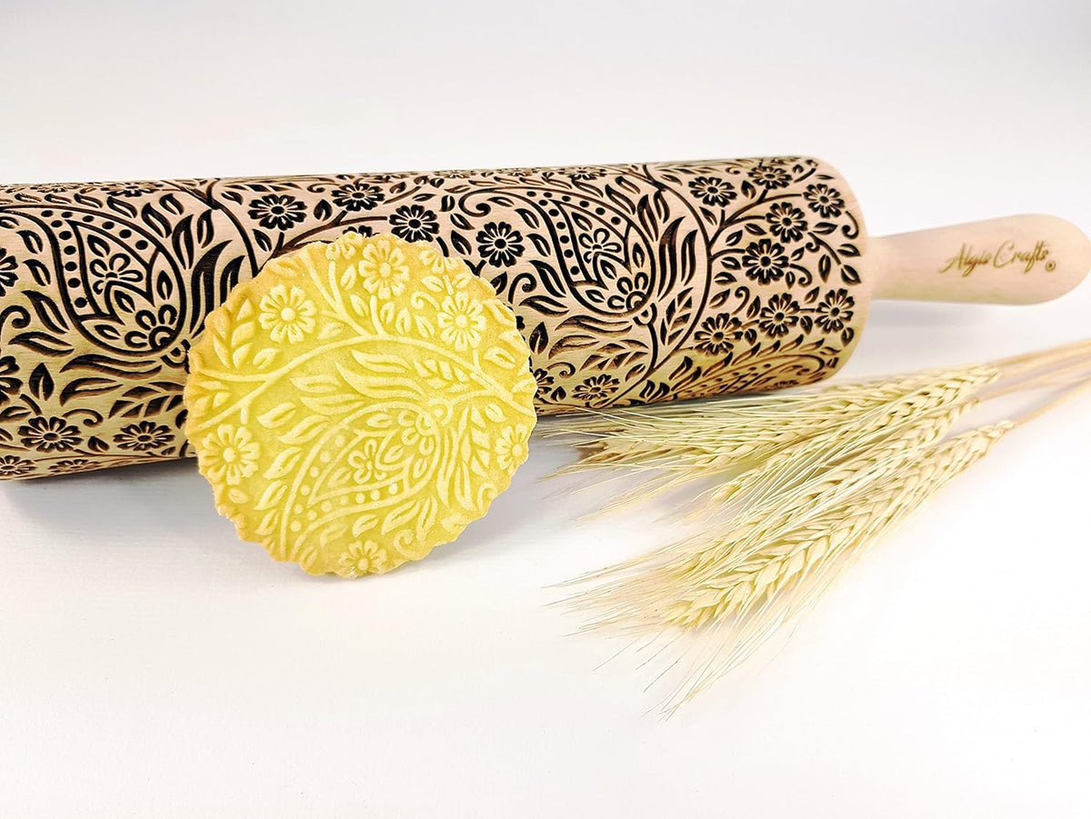KASHMIR pattern Embossed Rolling Pin. Engraved Dough Roller with Paisley for Embossed Cookies and Pottery by Algis Crafts