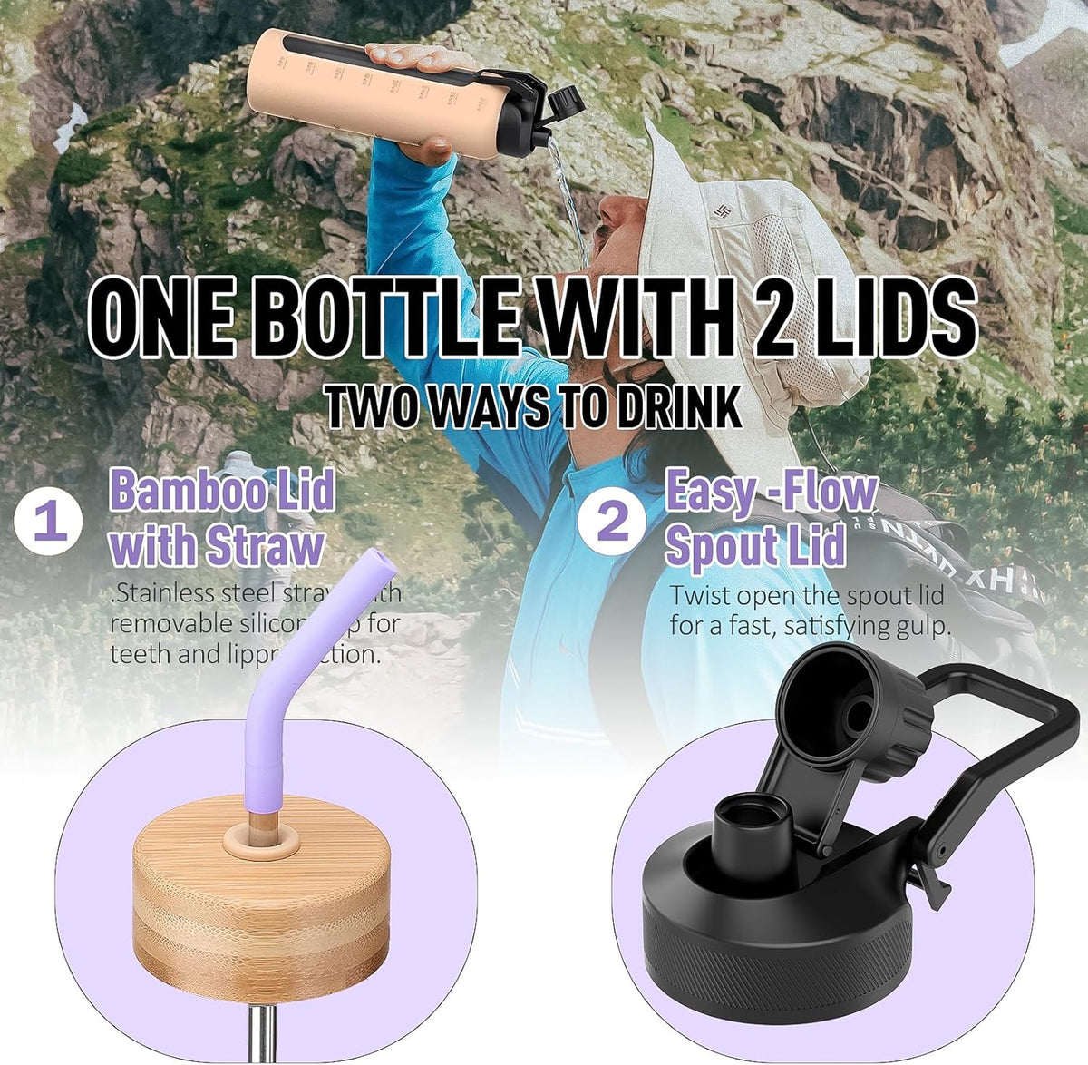 Glass Water Bottle with Straw, 24oz Glass Drinking Bottle with 2 Lids-Bamboo and Spout Lid with Phone Holder Handle for Gym Sports,with Silicone Sleeve and Time Marker,Purple