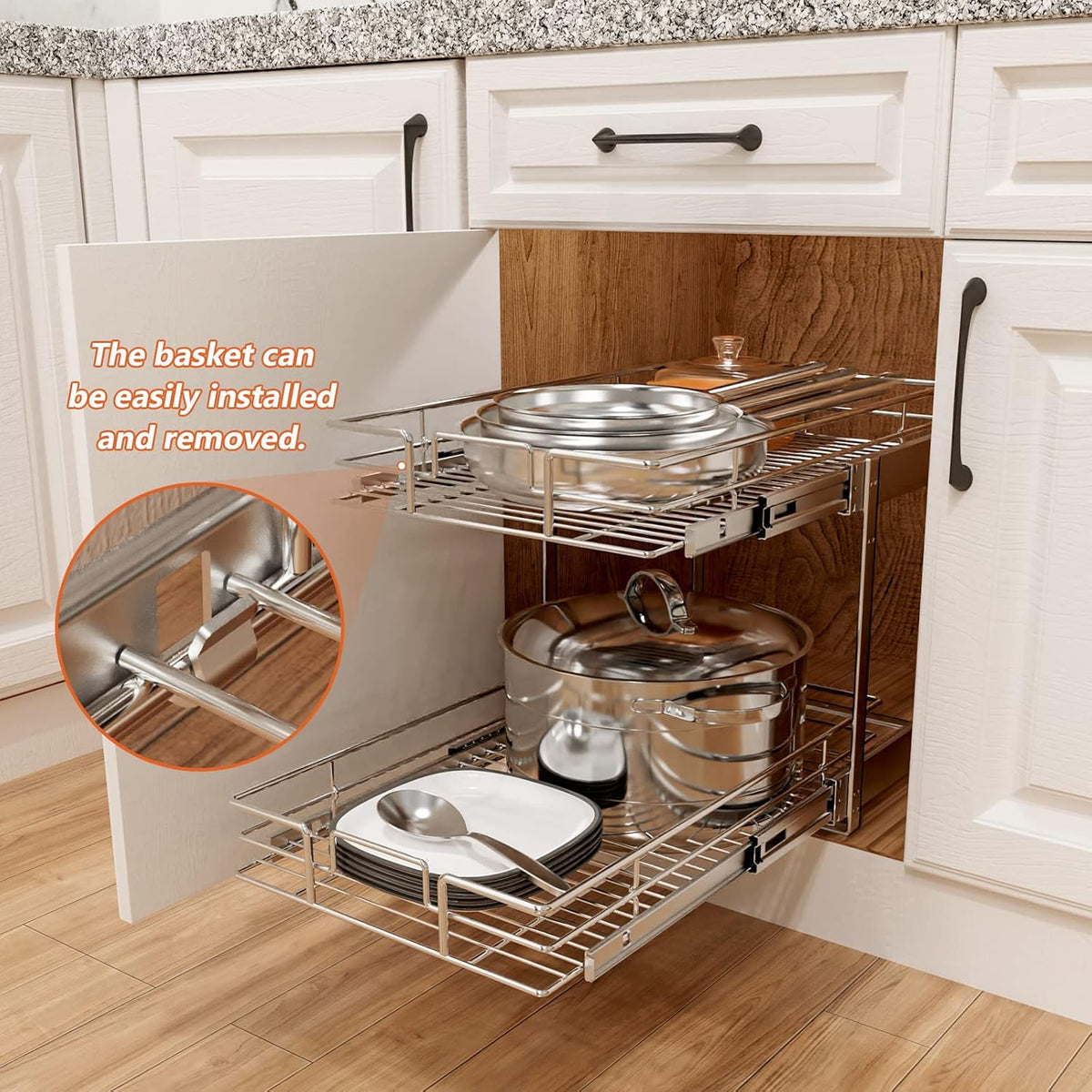 ROOMTEC Individual Pull Out Cabinet Organizer (22½"W x 21½"D), 2 Tier Spice Rack Organizer for Cabinet, Slide Out Drawer Pantry Shelf Organization and Storage for Kitchen Bathroom