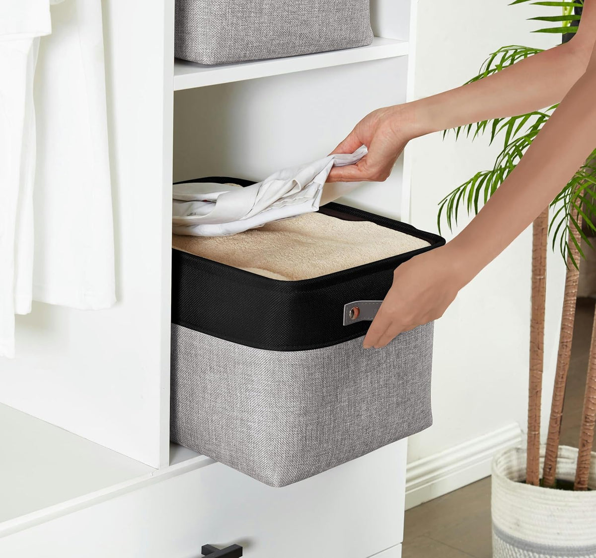 DECOMOMO Storage Baskets for Shelves - Fabric Storage Bins, Linen Closet Organizers and Storage (Grey & Black, Large - 3 Pack)
