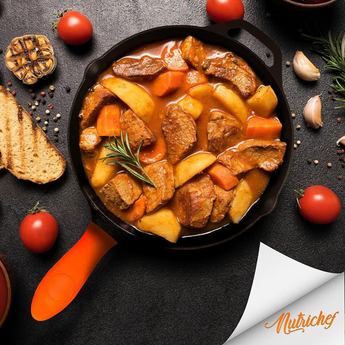 NutriChef 10 Inch Cast Iron Skillet with Lid - Pre-Seasoned Small Fry Pan with Side Drip Spout and Silicone Handle