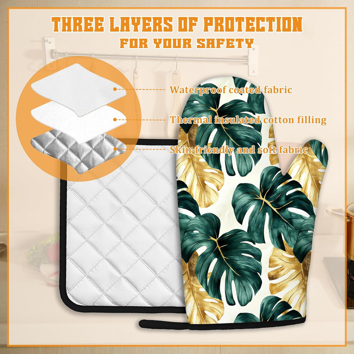 Palm Leaf Golden Tropical Oven Mitts and Pot Holders Set,Kitchen Decor Heat Resistant Non Slip Hot Pads and Oven Mitt for Chef Cooking Baking BBQ Mom Girl Gifts(4 Piece Set)