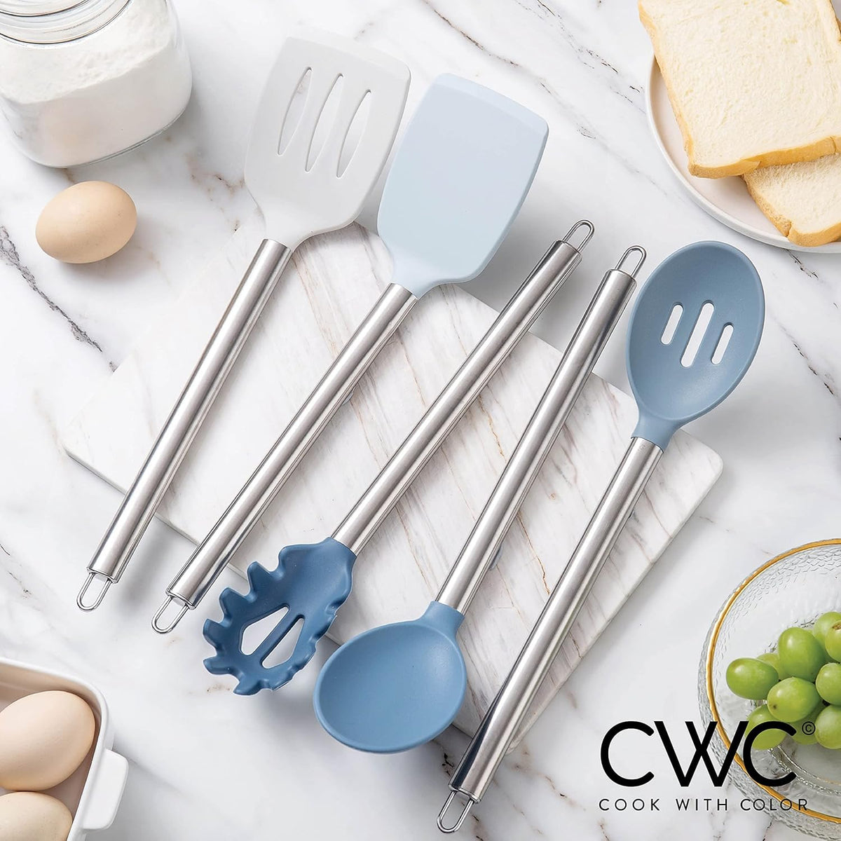 COOK WITH COLOR Silicone Cooking Utensils, Kitchen Utensil Set, Easy to Clean Silicone Kitchen Utensils, Cooking Utensils for Nonstick Cookware, Kitchen Gadgets Set, 5 Pieces, Blue and White