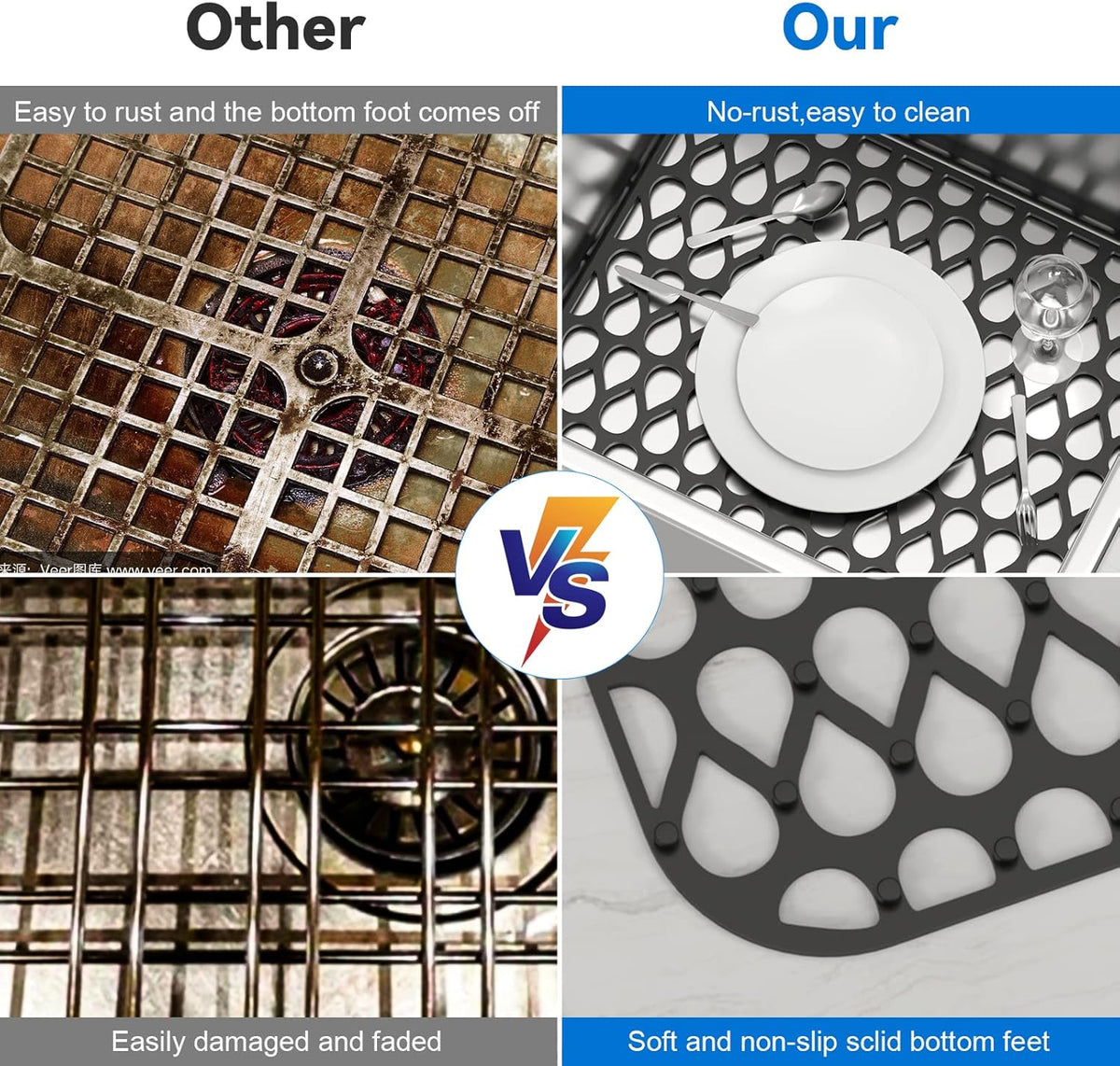 Silicone Sink Mat 2PCS TOOVEM Cistern Protectors for Kitchen Sink, Grid Non-Slip Folding Kitchen Sink Mats for Bottom of Stainless Steel Porcelain Cistern- Black