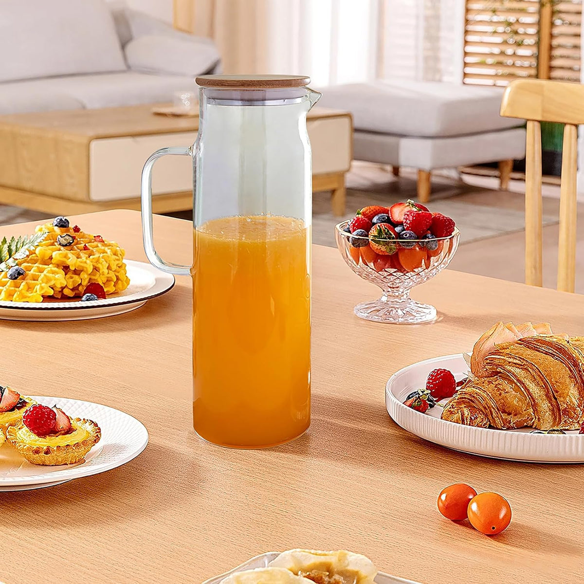 50oz Glass Pitcher with Lid, Glass Water Carafe with Handle, Fridge Water Jug Cold or Hot Beverages, Iced Tea, Milk, Juice (set of 3)