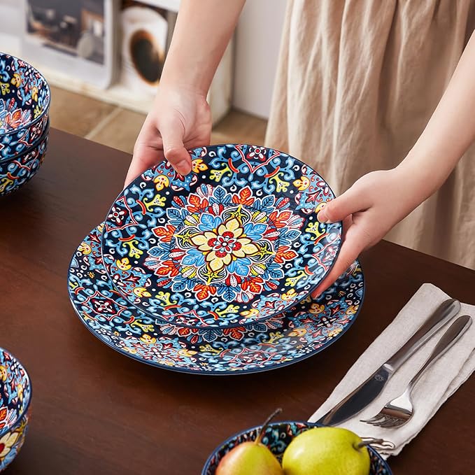 vancasso 12 Pieces Dinnerware Sets, Red Plates and Bowls Set, Porcelain Dishes Set for 4, Microwave and Dishwasher Safe, Scratch Resistant, Bohemian Style Dining Ware Service for 4, Series SIMI
