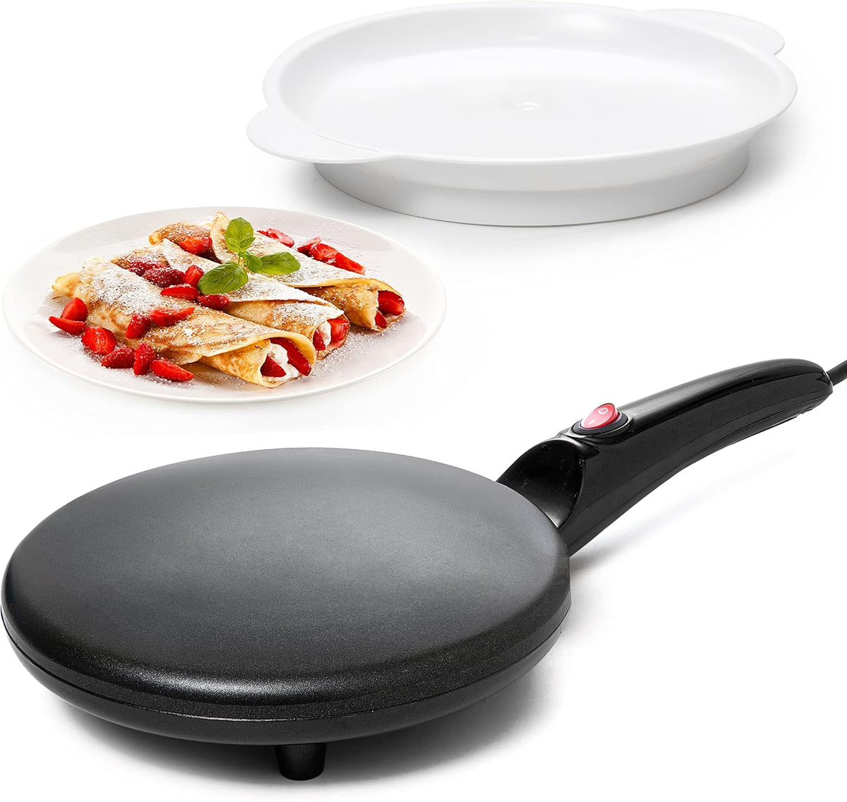 Moss & Stone Electric Crepe Maker – 8” Portable Crepe Pan Nonstick with Dipping Plate, Auto Shut-Off, On/Off Switch, Even Heating & One Automatic Temperature Control – Compact Crepe Maker