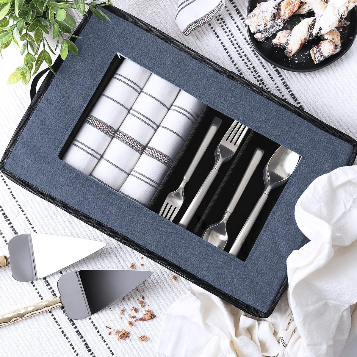 Flatware & Utensil Storage, Durable Silverware Storage Box with Padded Dividers, 5 Compartment Flatware Storage Case, Silverware Case with Handles, Protects and Organizes Cutlery, Blue