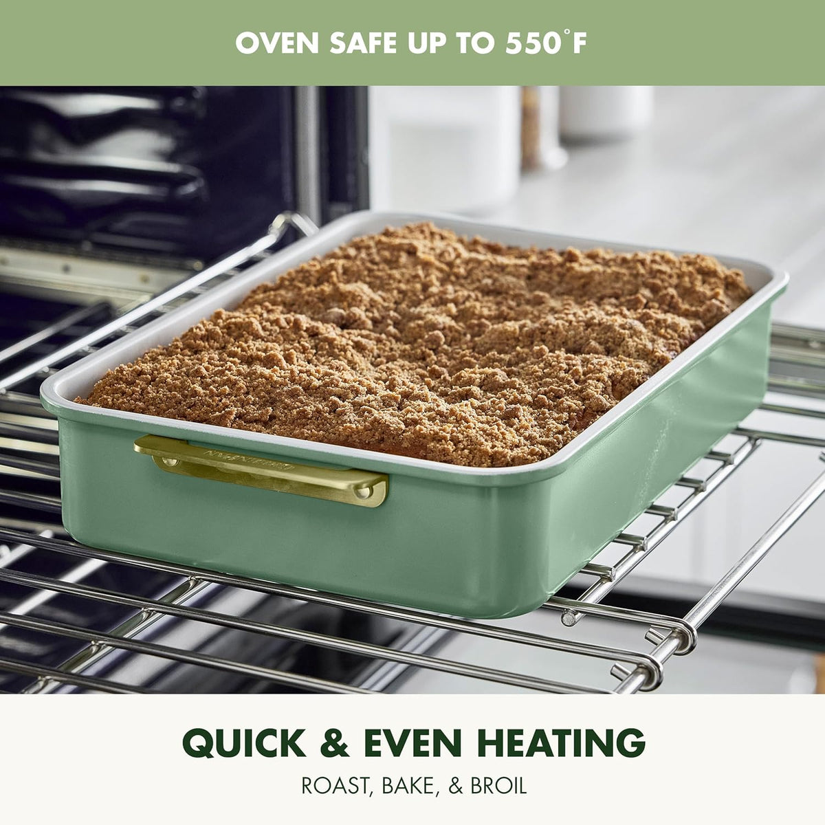 GreenPan Bakeware Rectangular Cake Pan, Ceramic Nonstick Baking Pan, PFAS & BPA Free, Gold Handles, Durable Steel, Freezer to Oven Dish, Scratch Resistant, Bake & Roast Ovenware, Sage Green
