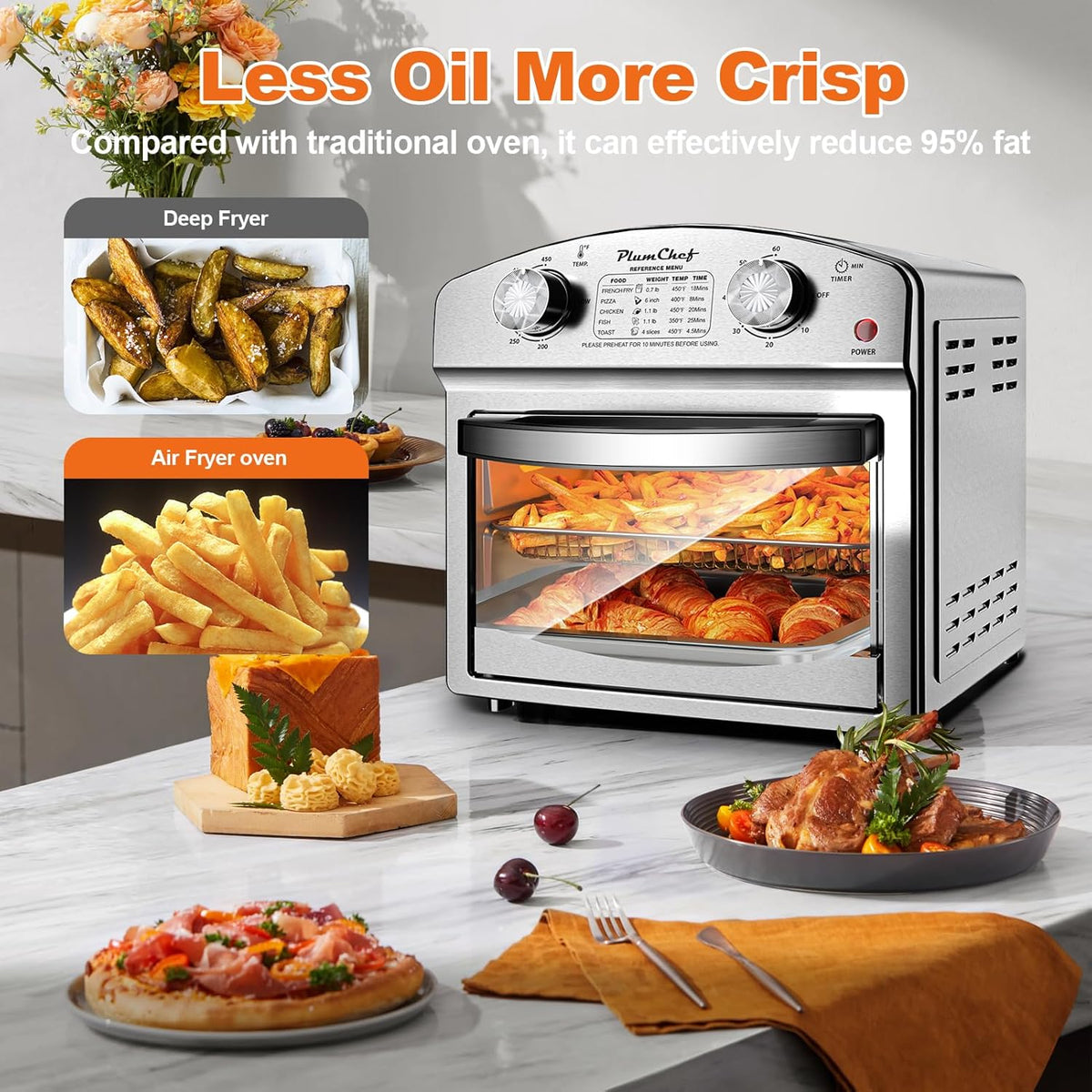 PlumChef 13 Quart 4 Slices Air Fryer Convection Toaster Oven with Reference Menu, 1500W,Multifunction with Roast, Bake, Grill, Broil, Silver