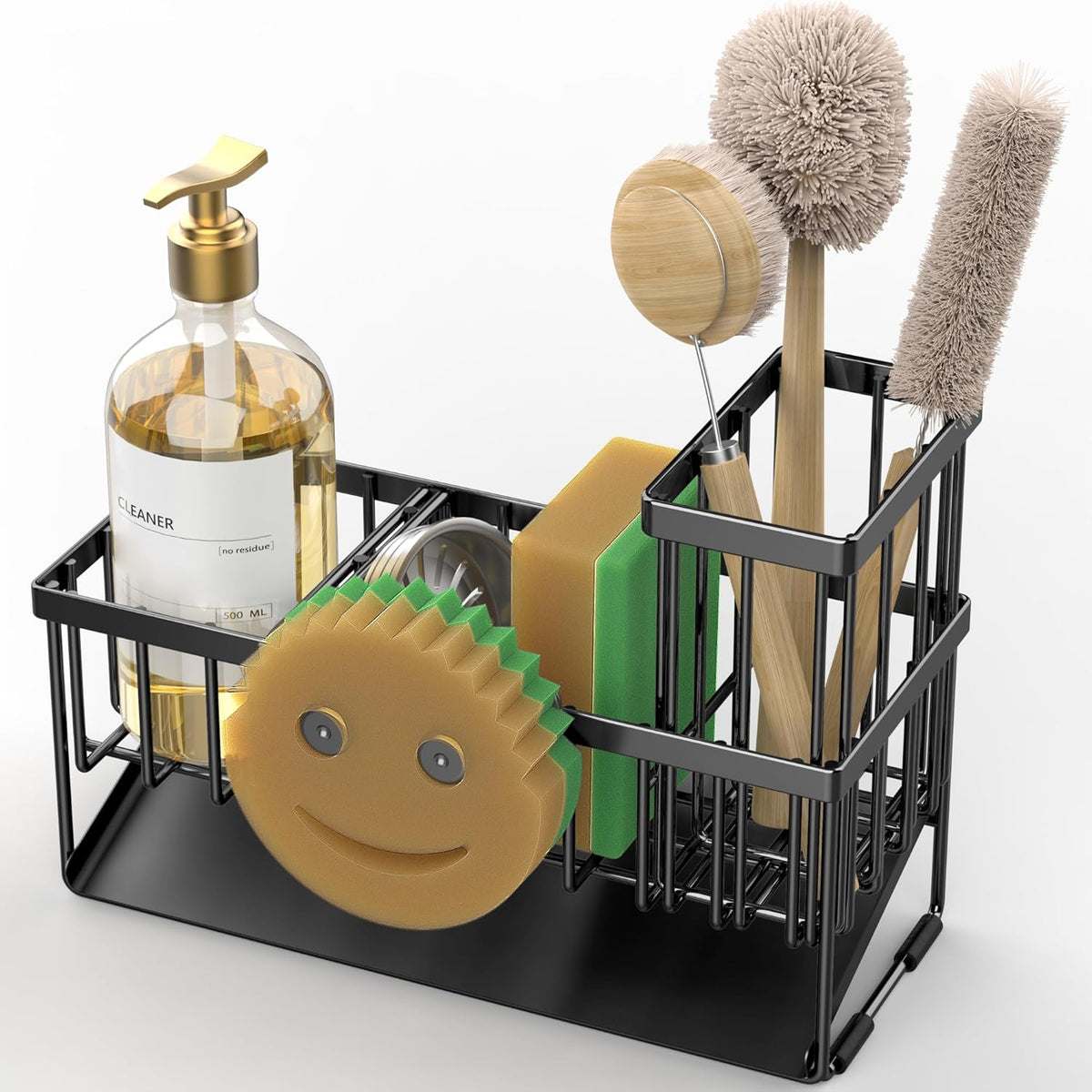 Cisily Sink Caddy With Smiley Face Sponge Holder, 304 Stainless Steel Rustproof(Black)