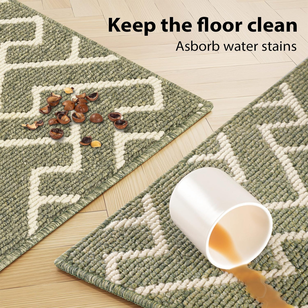hicorfe Kitchen Rugs and Mats Sets,Non-Slip 2 Pieces Absorbent 100% Polypropylene Rug,Comfort Kitchen Runner Mat,Washable for Kitchen,Sink,Laundry(20" x 31.5" Plus 20" x 48",Green)