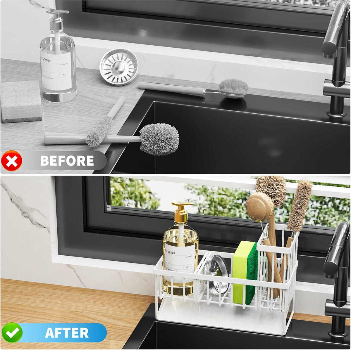 Cisily Sink Caddy Sponge Holder for Kitchen Sink, 304 Stainless Steel Rustproof, Kitchen Sink Caddy with High Brush Holder, Kitchen Sink Organzier Dish Sponge Organizer with Divider(White)
