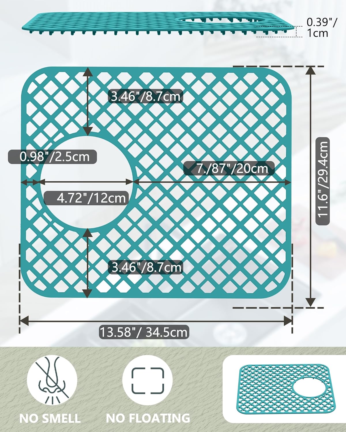 2 Pack Silicone Sink Protectors for Kitchen Sink, Lozenge Pattern 13 x 11 Inches Sink Mat, Non-Slip and Durable Sink Protector Silicone, Rear Drain, Green
