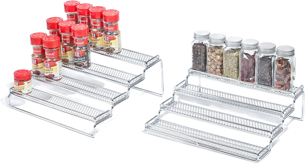 GONGSHI Spice Rack Organizer for Cabinet, 4 Tier Seasoning Organizer, Expandable Shelf,Step Storage Holder, Kitchen Cabinet Countertop,with Protection Railing, Metal (Chrome2 PC)