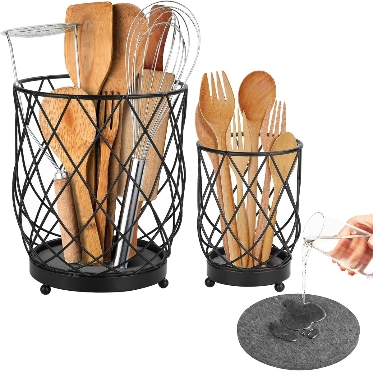 MACEVIA Utensil Holder for Kitchen Counter, Black Metal Organizer with Diatomaceous Earth Base, 7.5" + 5.4", Countertop Storage for Spoons,Spatulas and Cooking Utensils,Set of 2