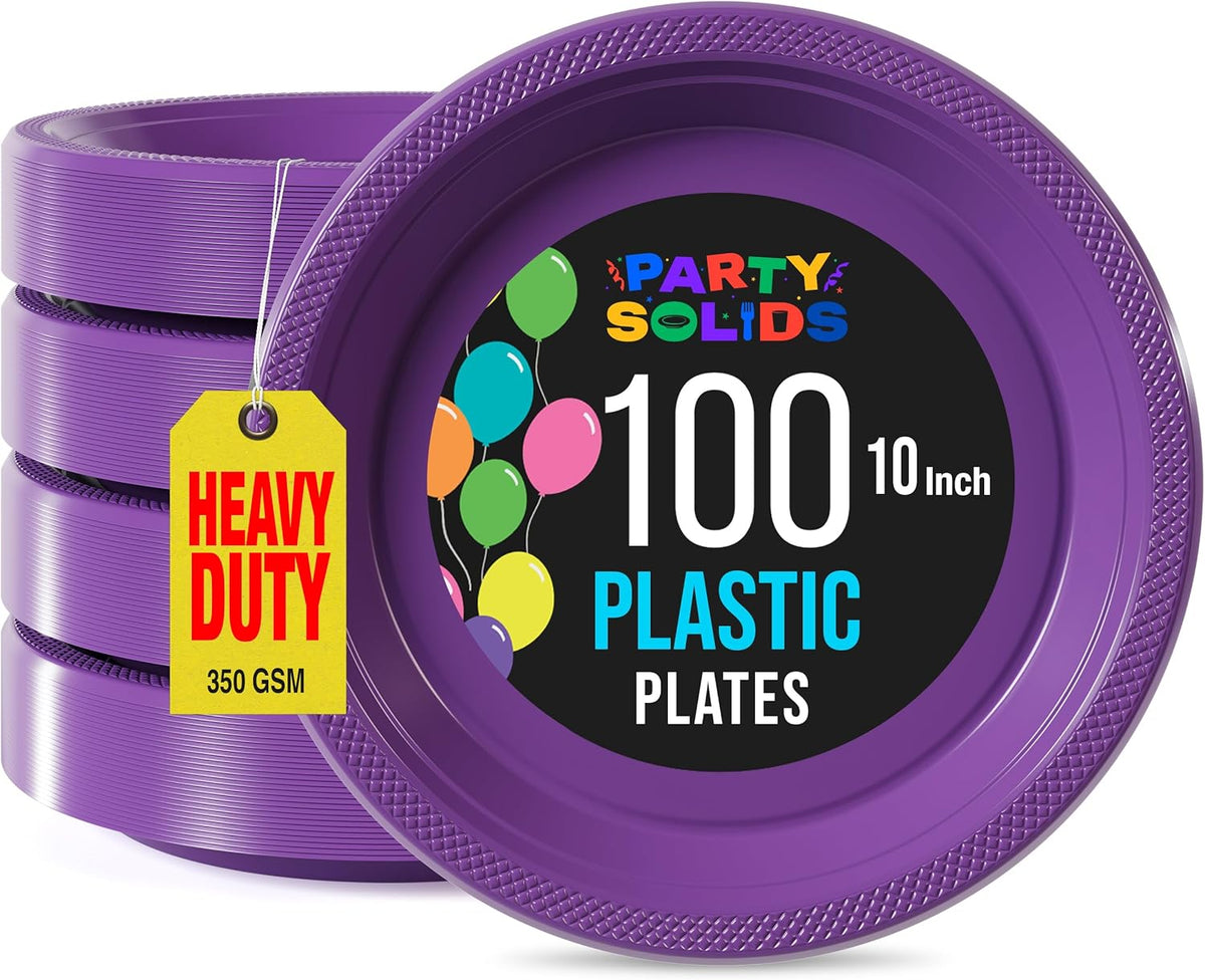 Exquisite Party Solids Purple Plastic Plates For Party 10" Purple Disposable Plates Heavy Duty Supplies 100 Pcs Plastic Dinnerware Sets Heavy Duty 350 GSM Disposable Dinnerware Set