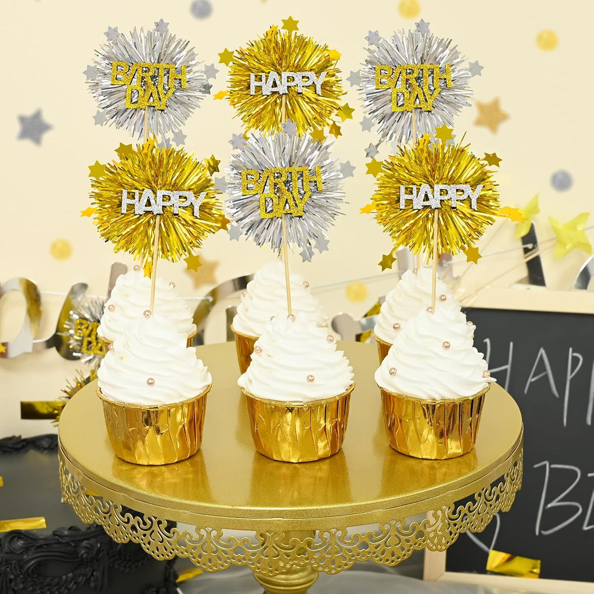 LOLStar 12 PCS Happy Birthday Cake Toppers, Gold and Silver Foil Cupcake Toppers, Glitter Tinsel Cupcake Decor, Food Picks Drink Stirrers Cocktail Toothpicks for Celebrating Party Supplies