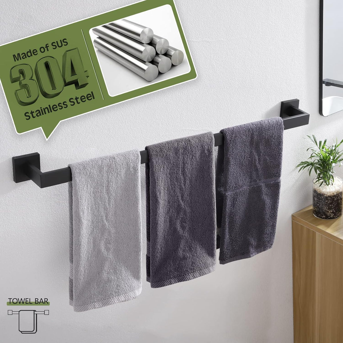 KOKOSIRI 32-Inch Single Towel Bar, Bathroom Kitchen Towel Holder, Wall Mounted SUS304 Stainless Steel Towel Rack 2 Pack, Matte Black, B4003BK-L32-P2