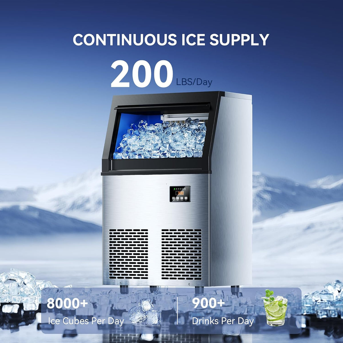 200 lbs/24H Commercial Ice Maker Machine,45 Cubes/6mins, 35 lbs Ice Storage Capacity, Under Counter Ice Maker Self Cleaning, Stainless Steel Freestanding Ice Maker for Home Bar Restaurant