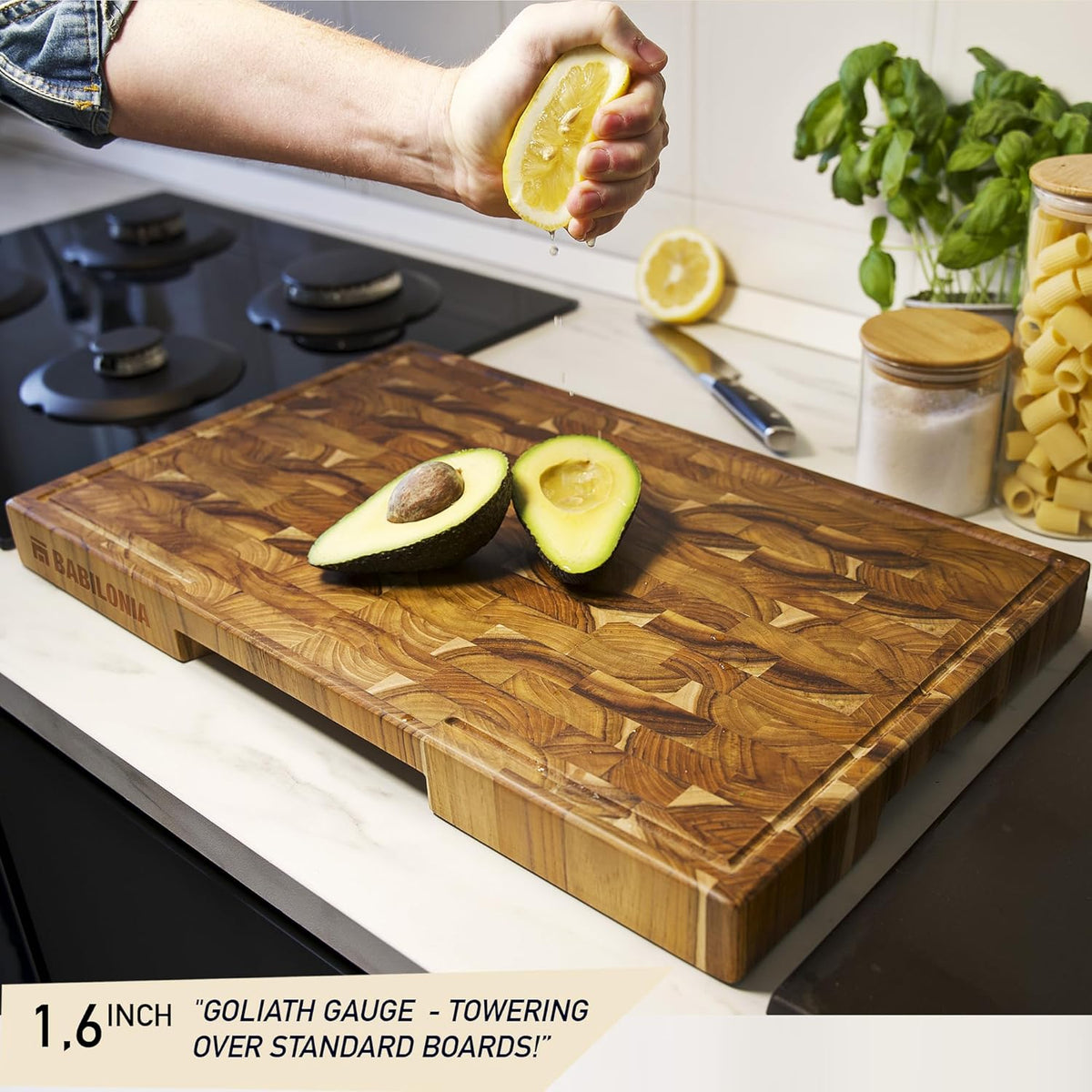 Teak Cutting Board Large (ExtraThick 1.7"). Premium Quality Butcher Block, Charcuterie Board. Heavy Duty End Grain Wood Chopping Board 19.7"L x 12.2"W with Handle (Oil bottle & Plate included)